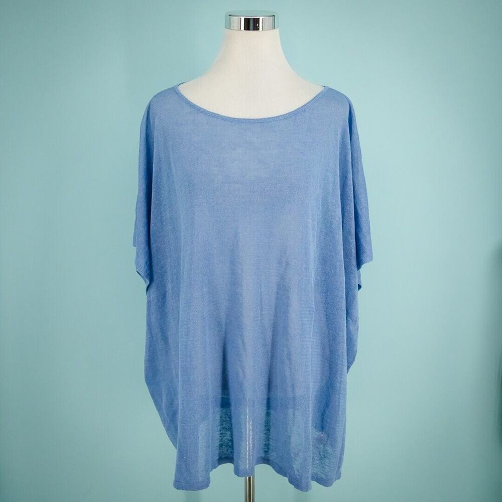 Talbots Small Medium S M Blue Open Knit Scoop Short Cap Sleeve Linen Sweater